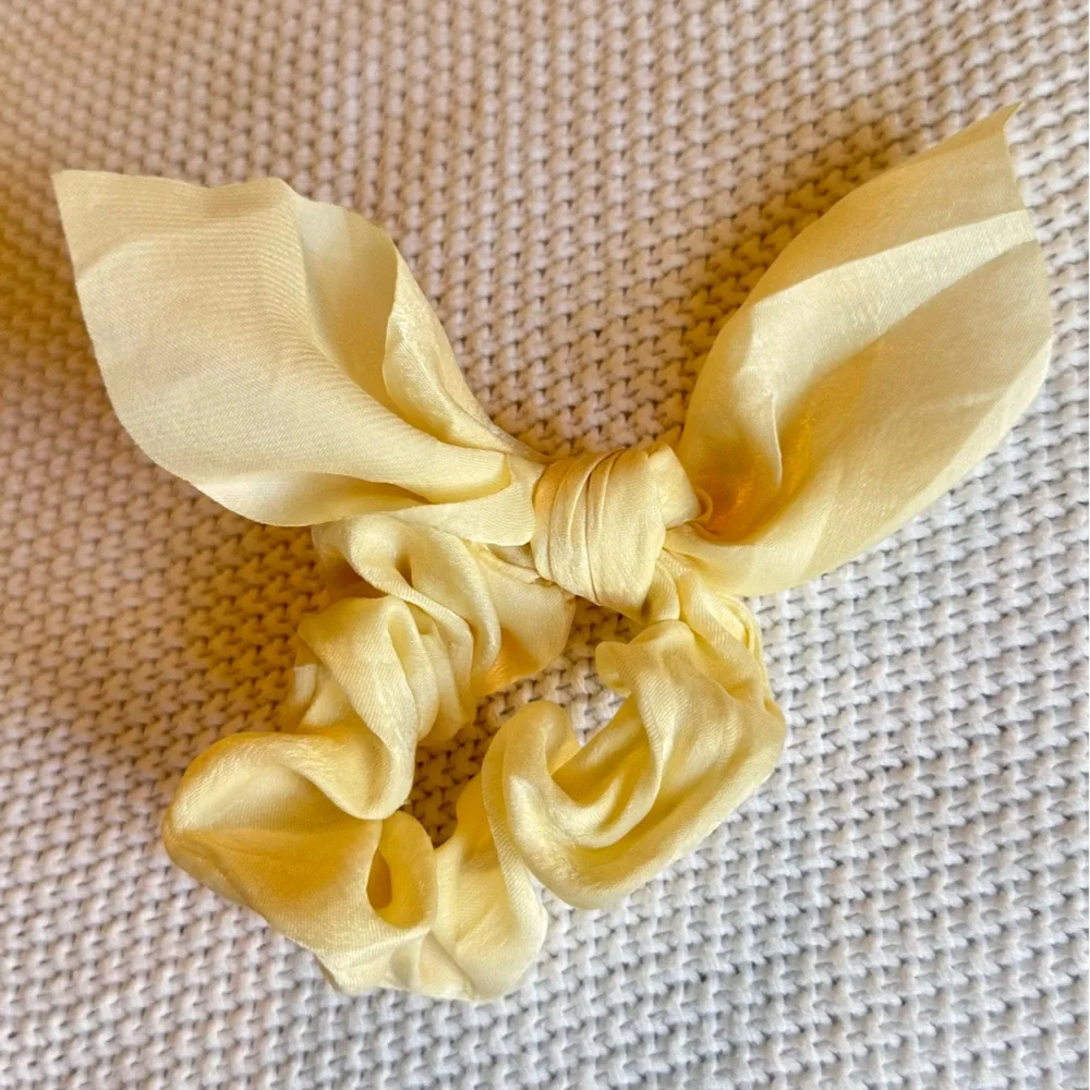 Silky Pale Cream Yellow Hair Scrunchie w Bow - Elastic Band Hair Tie